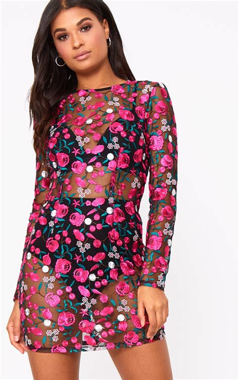 Hot Pink Floral Embroidered Sheer Lace Bodycon Dress