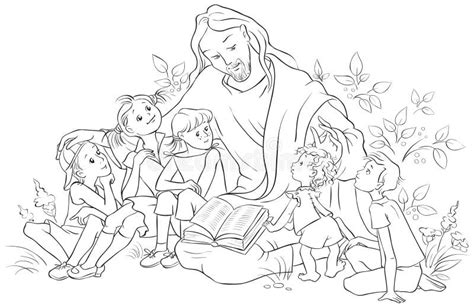 jesus reading  bible  children coloring page stock vector