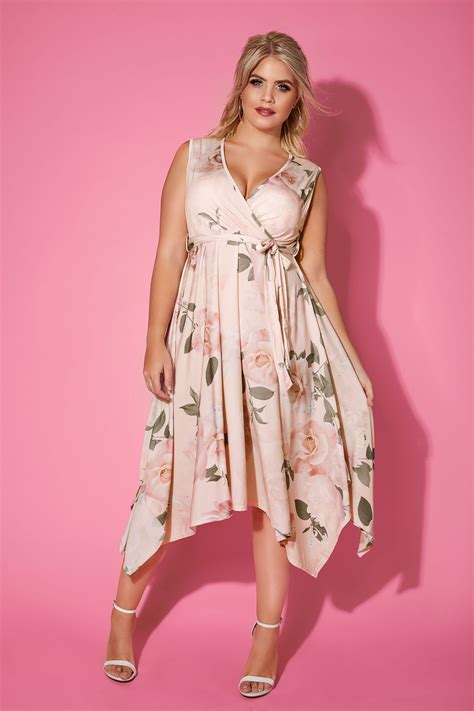 yours london pink floral wrap dress with hanky hem plus size 16 to 36