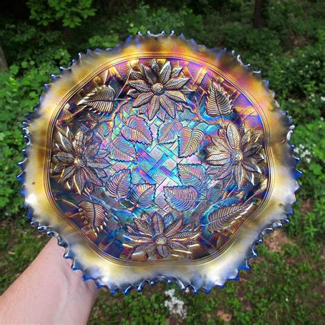 antique northwood blue poinsettia lattice carnival glass bowl