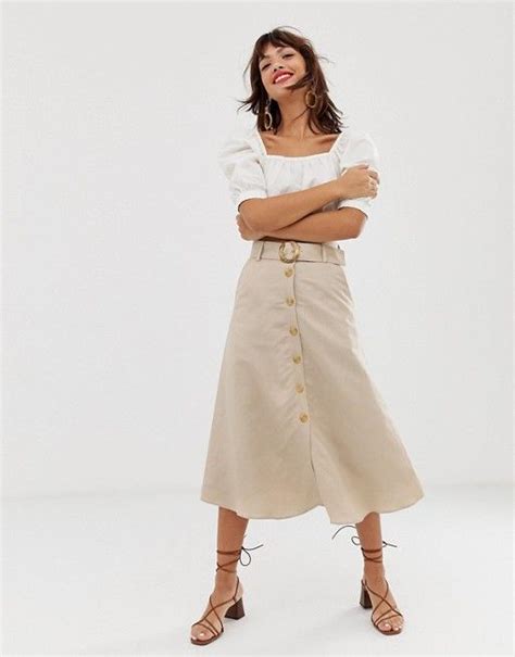 and other stories linen button front midi skirt in light beige £59