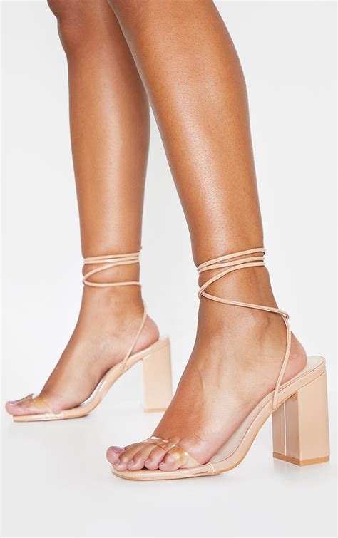 Nude Ankle Lace Up Chunky Block Heel Sandal Prettylittlething Usa