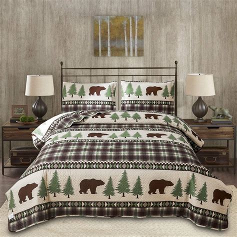 rustic bedding quilt set twin size lodge cabin quilt brown plaid quilt bedding reversible