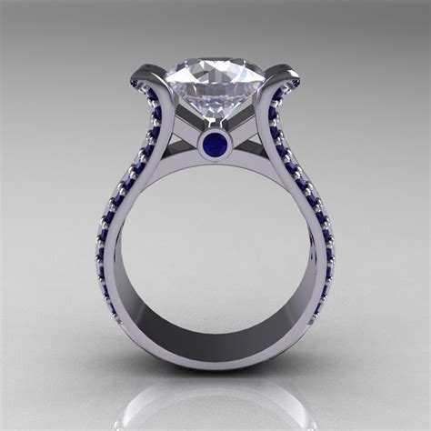 Modern 14k White Gold 3 0 Russian Cubic Zirconia Blue Sapphire Bridal