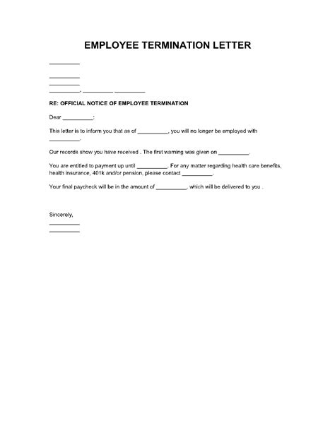 termination letter templates  employee printable templates