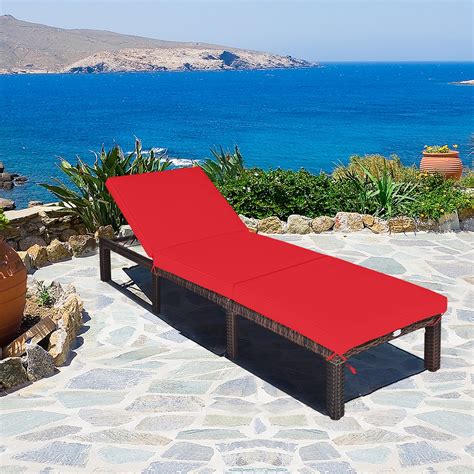 gymax adjustable patio rattan chaise lounge chair recliner outdoor  red cushion walmartcom