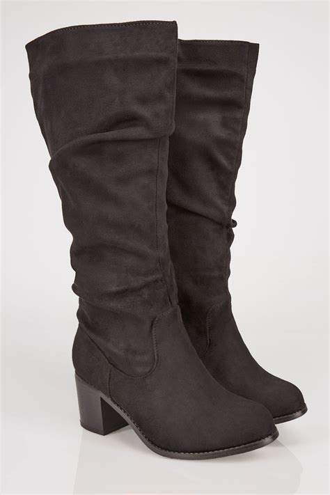 black ruched knee high boots in eee fit