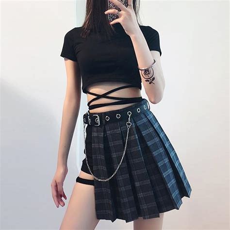 pop kpop korean black pink punk plaid skirt black short belt sd