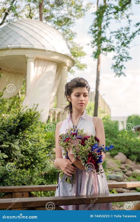 beautiful young woman  flowers stock image image  elegance