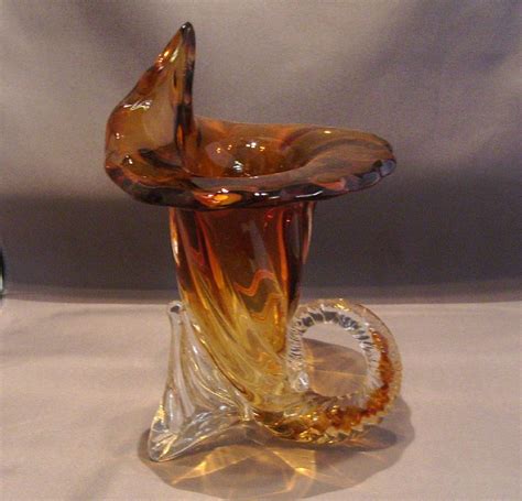 Murano Sommerso Amber In Clear Cornucopia Vase Twisted Ribbed Glass Mid