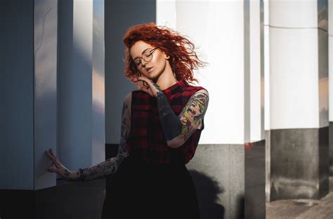 Wallpaper Closed Eyes Redhead Tattoo Red Nails Women With Glasses