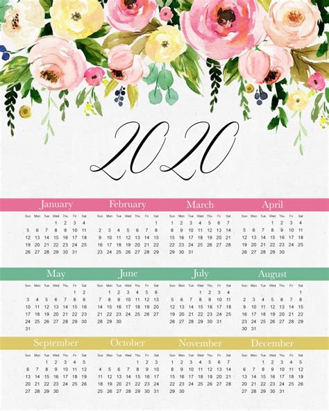 Free Printable 2020 Pretty Floral One Page Calendar The