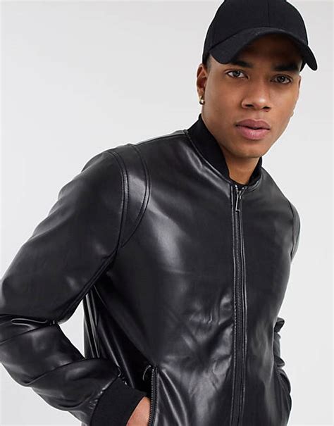 bershka faux leather bomber jacket  black asos