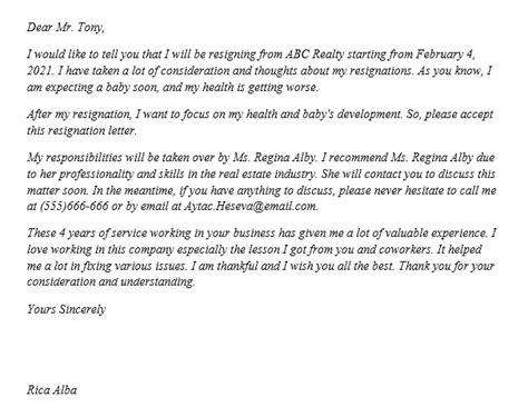 sample  real estate resignation letter   reuse template