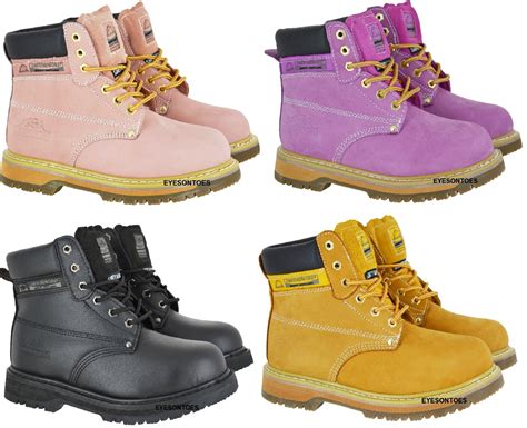 ladies pink groundwork safety steel toe cap leather work hiking boots