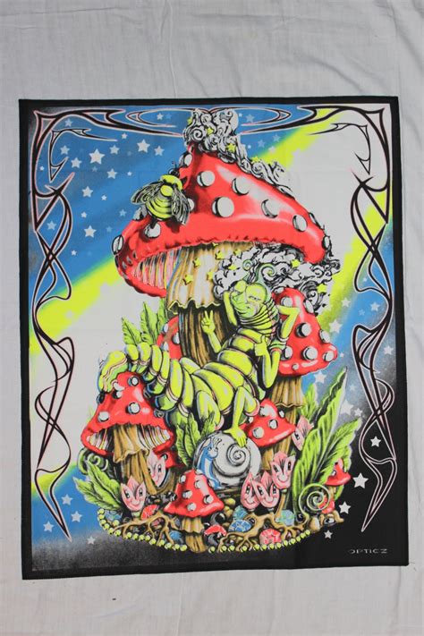 mushrooms and caterpillar blacklight uv reactive tapestry