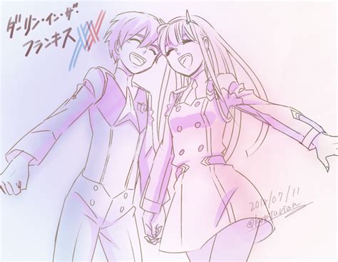 zero two and hiro darling in the franxx drawn by