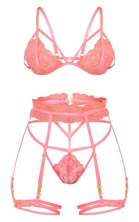 hot pink floral embroidered harness lingerie set prettylittlething