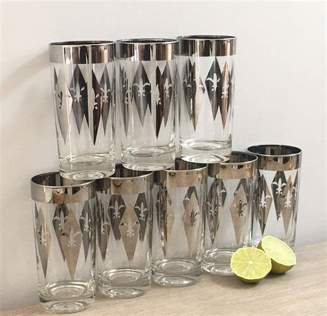 Vintage Silver Metallic Bar Glasses Tumblers Fleur De Lis Cocktail