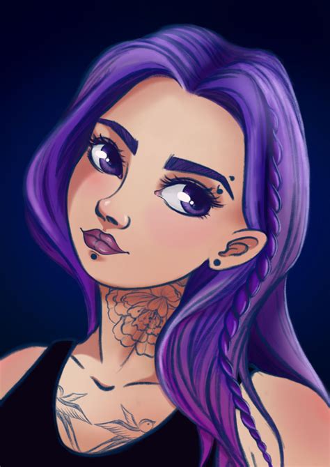 cartoony portrait girl  tattoos atinartbee digital art violet hair characters  purple