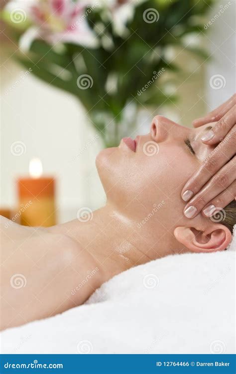 woman  relaxing head massage  health spa stock photo image