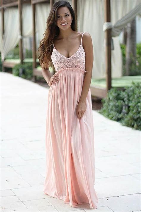a line spaghetti straps backless pink chiffon prom dress with lace