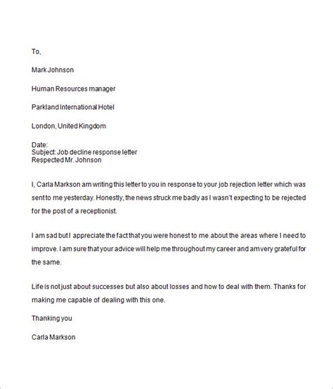 sample job rejection letter templates  ms word