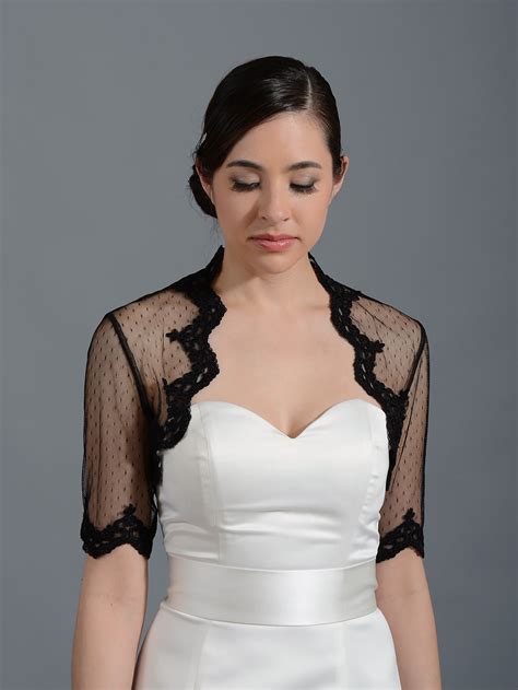 black elbow length bridal dot lace wedding bolero jacket lace 081