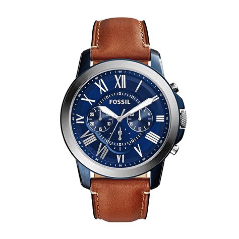 fossil grant chronograph light brown leather  analogue mens   blue dial
