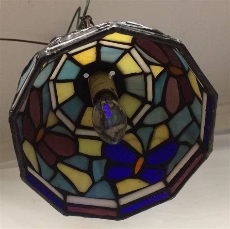 Vintage Small Slag Glass Hanging Pendant Light With Purple Butterflies