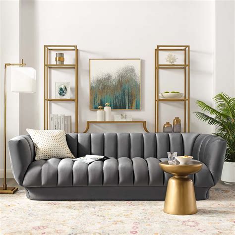 entertain grey tufted performance velvet sofa las vegas furniture store modern home