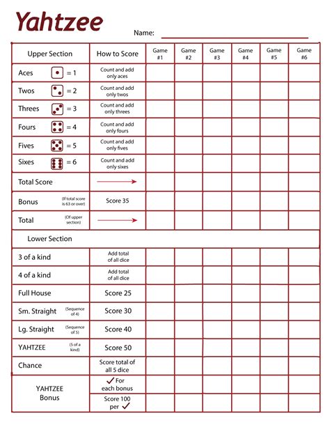 yahtzee score sheet printable