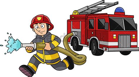 Running Firefighter With Firetruck Cartoon Clipart Vector