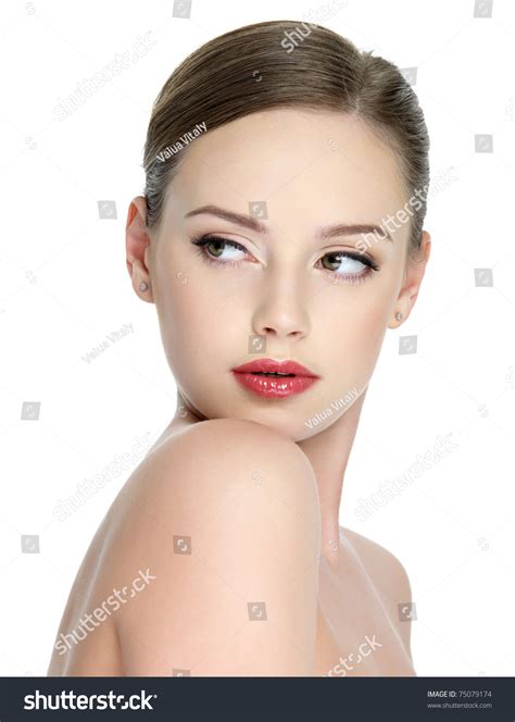 portrait of sensuality beautiful teen girl with bright red lipstick on lips isolated on white