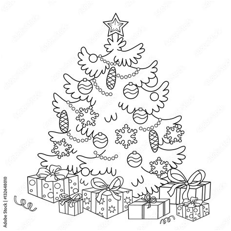 coloring page outline of cartoon christmas tree with ornaments and
