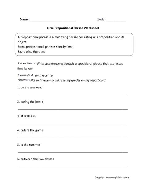 grammar time prepositional phrases  worksheets worksheets
