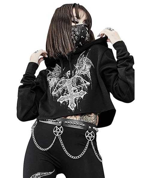 punk goth emo evil print long sleeve chic crop top women gothic dark