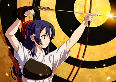 blue hair bow weapon brown eyes gloves japanese clothes long hair