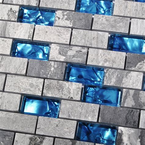 Ocean Blue Glass Mosaic Grey Marble 1 X 2 Subway Wall Tiles