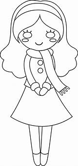 Girl Line Cute Clip Colorable Scarf Sweetclipart sketch template