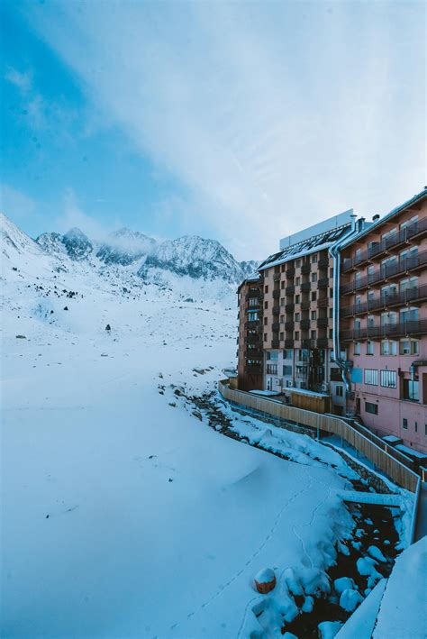 resort hotel  snowy mountains  stock photo