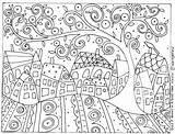 Folk Coloring Swirl Houses Bird Tree Choose Board Landscapes sketch template