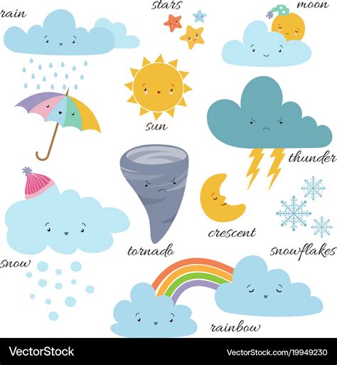 cute cartoon weather icons forecast meteorology vector image