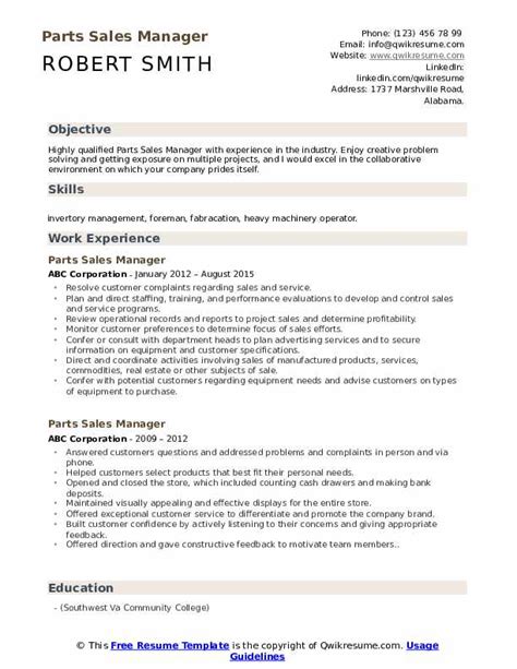 parts sales manager resume samples qwikresume