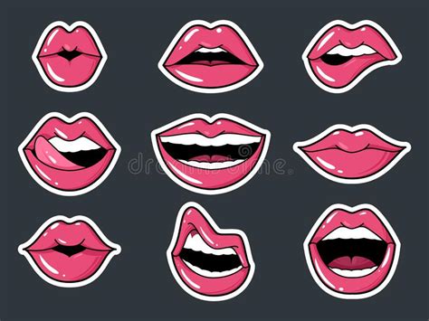 cartoon smile mouth lips with teeth and tongue set vector