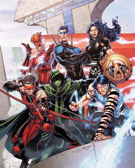 the titans left to right arsenal wally west omen nightwing donna troy and tempest comic
