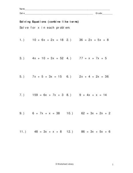 solving equations combine  terms worksheet    grade