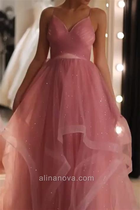 sparkly tulle  neck ruffles prom dresses