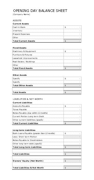 Download Opening Day Balance Sheet for Microsoft Excel 2003 or newer