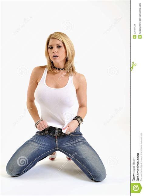 Blonde Woman In White Tank And Jeams Stock Image Image